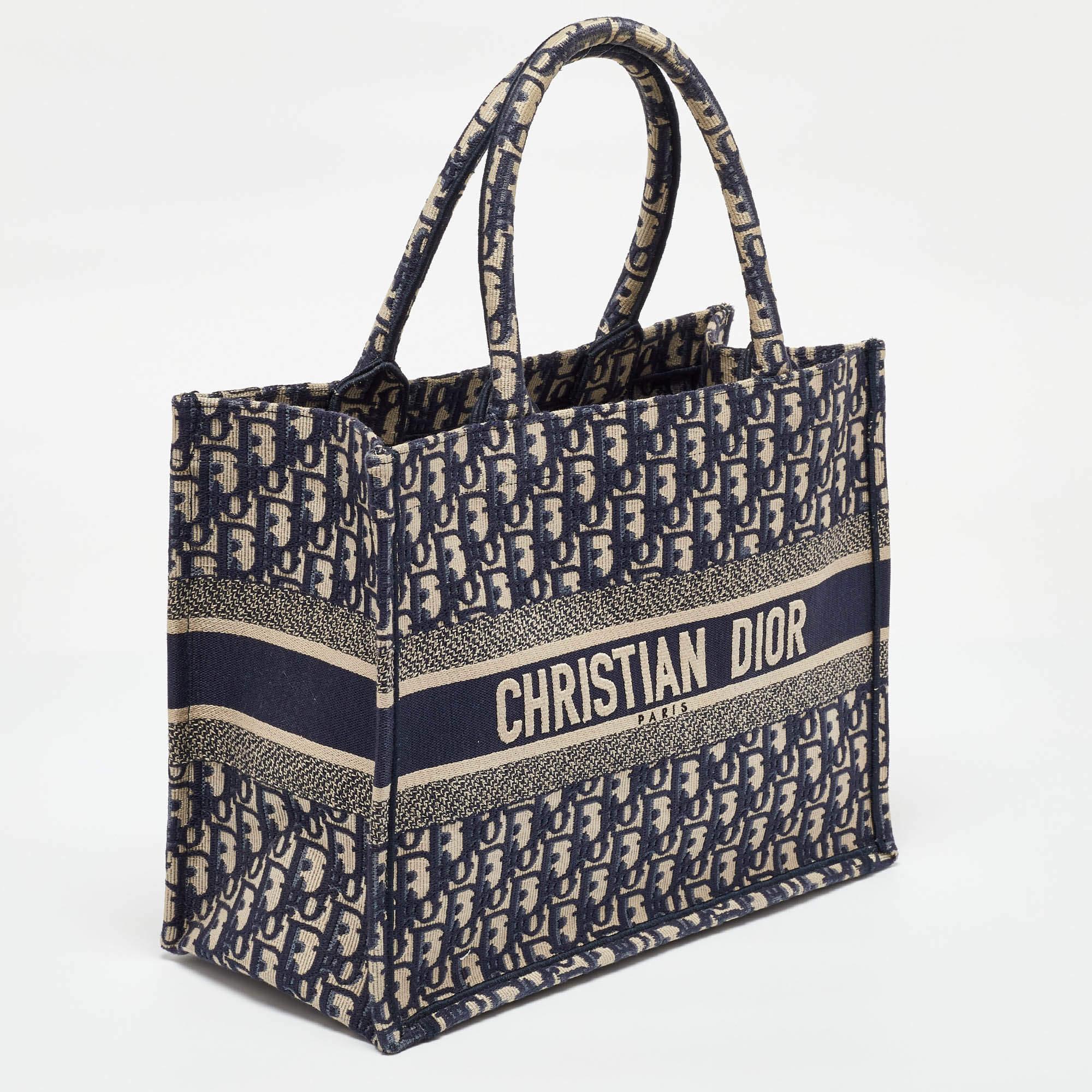 Black Dior Navy Blue Oblique Embroidered Canvas Medium Book Tote For Sale