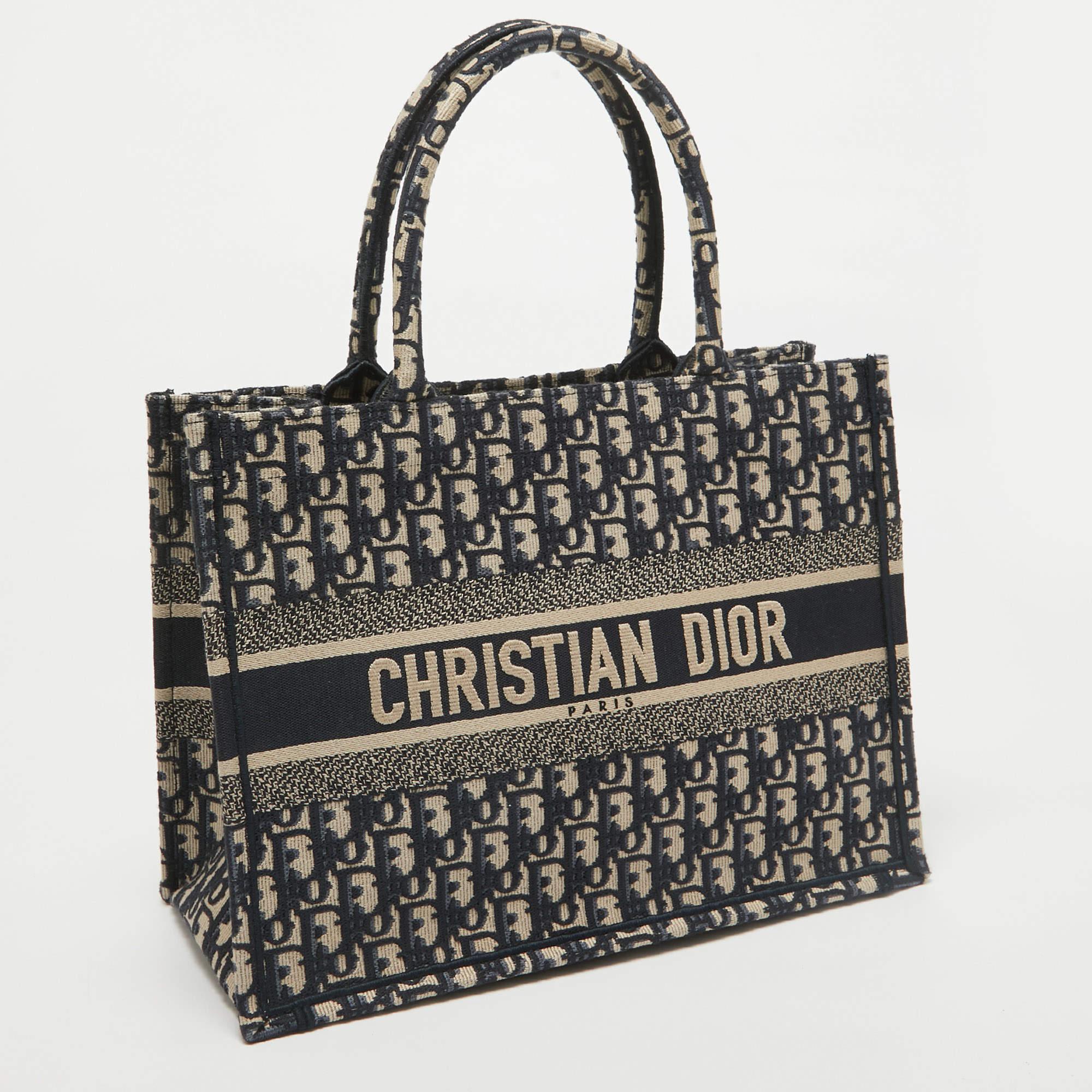 Black Dior Navy Blue Oblique Embroidered Canvas Medium Book Tote For Sale