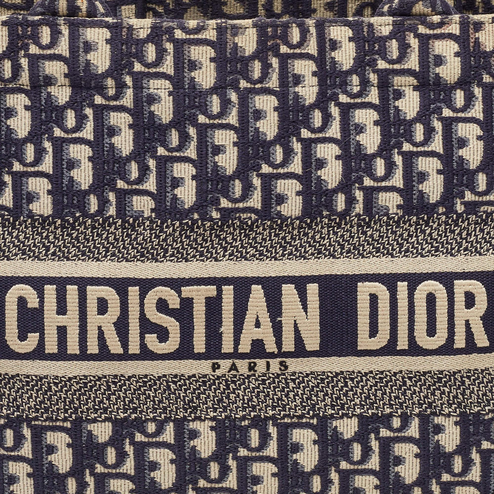 Women's Dior Navy Blue Oblique Embroidered Canvas Medium Book Tote