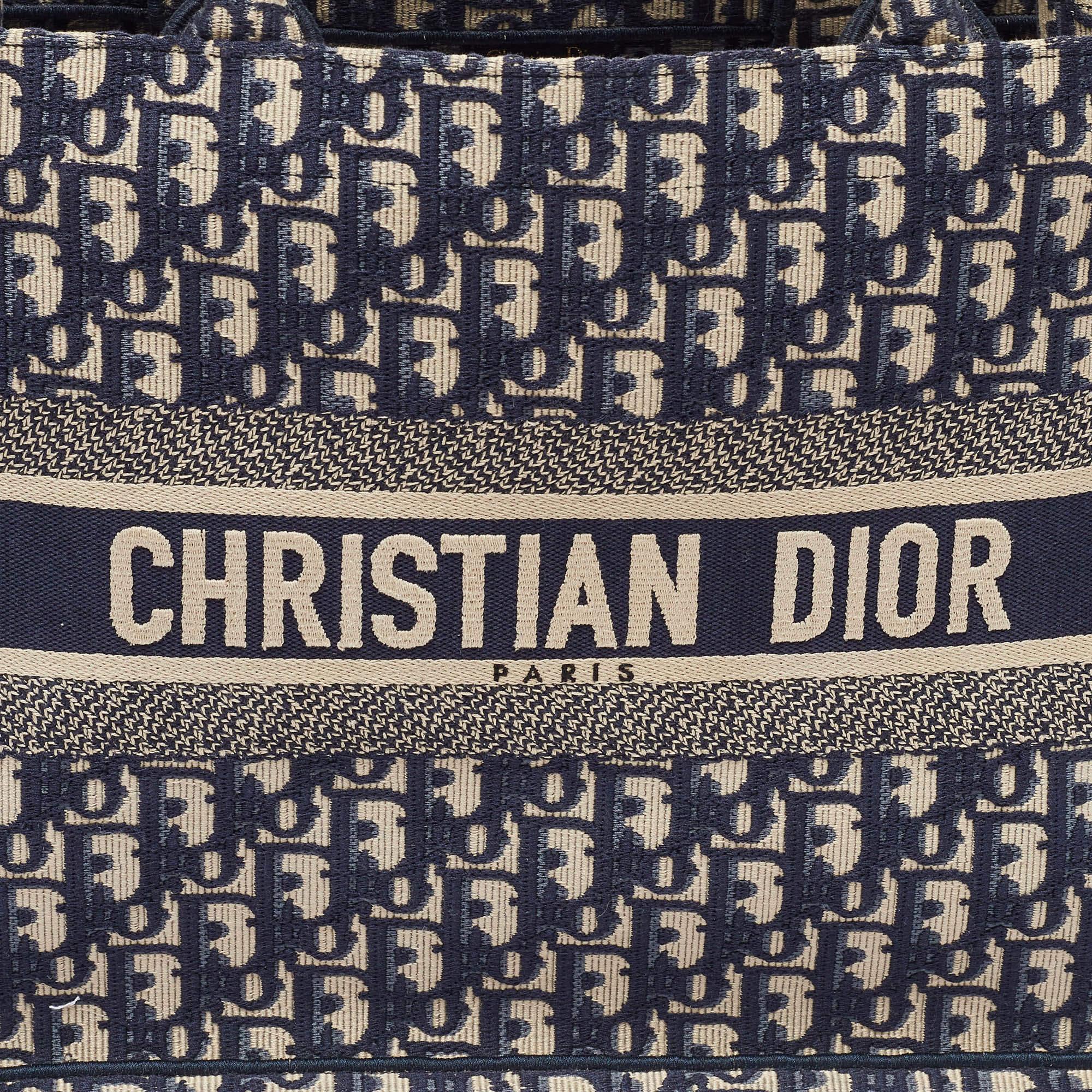 Women's Dior Navy Blue Oblique Embroidered Canvas Medium Book Tote For Sale