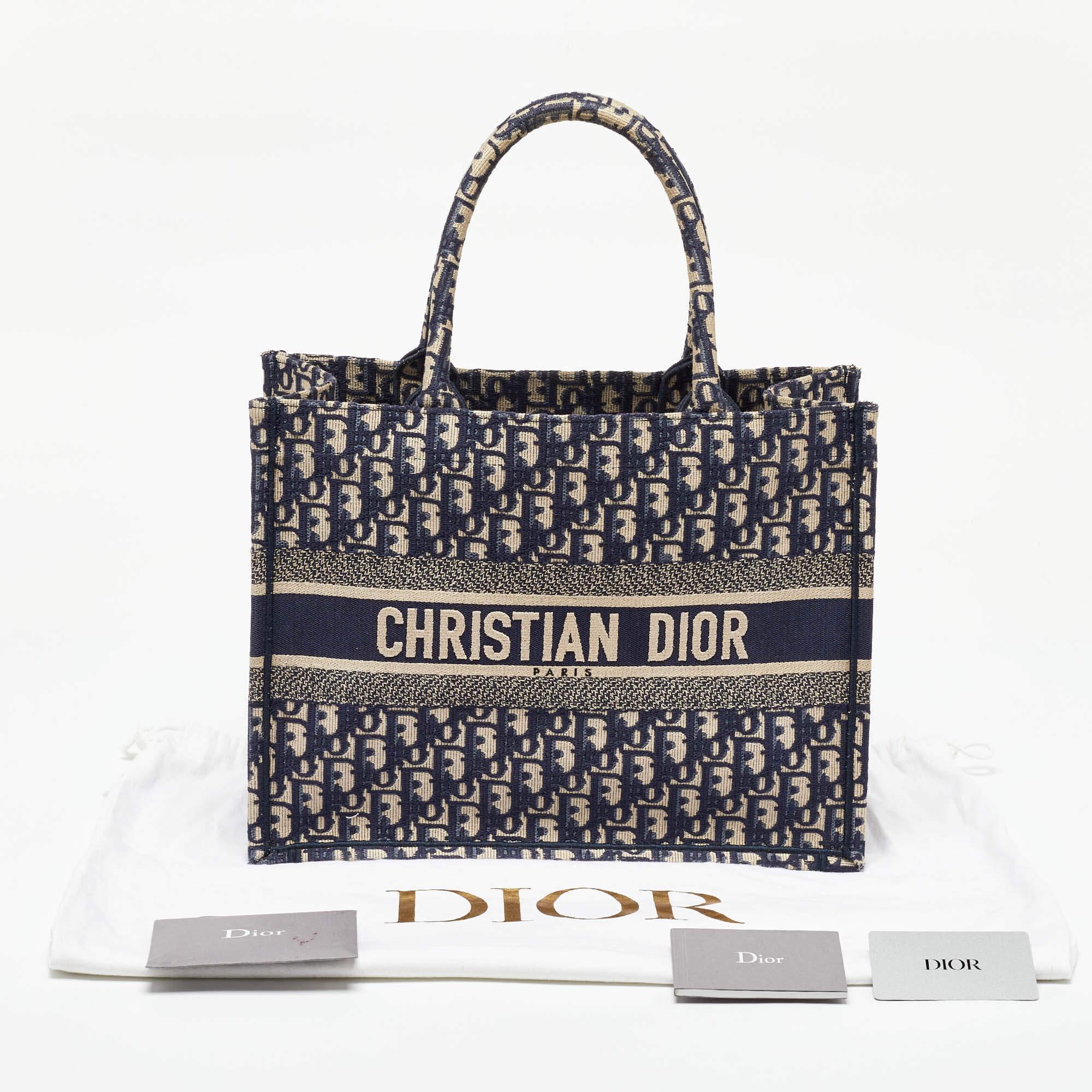 Dior Navy Blue Oblique Embroidered Canvas Medium Book Tote For Sale 4