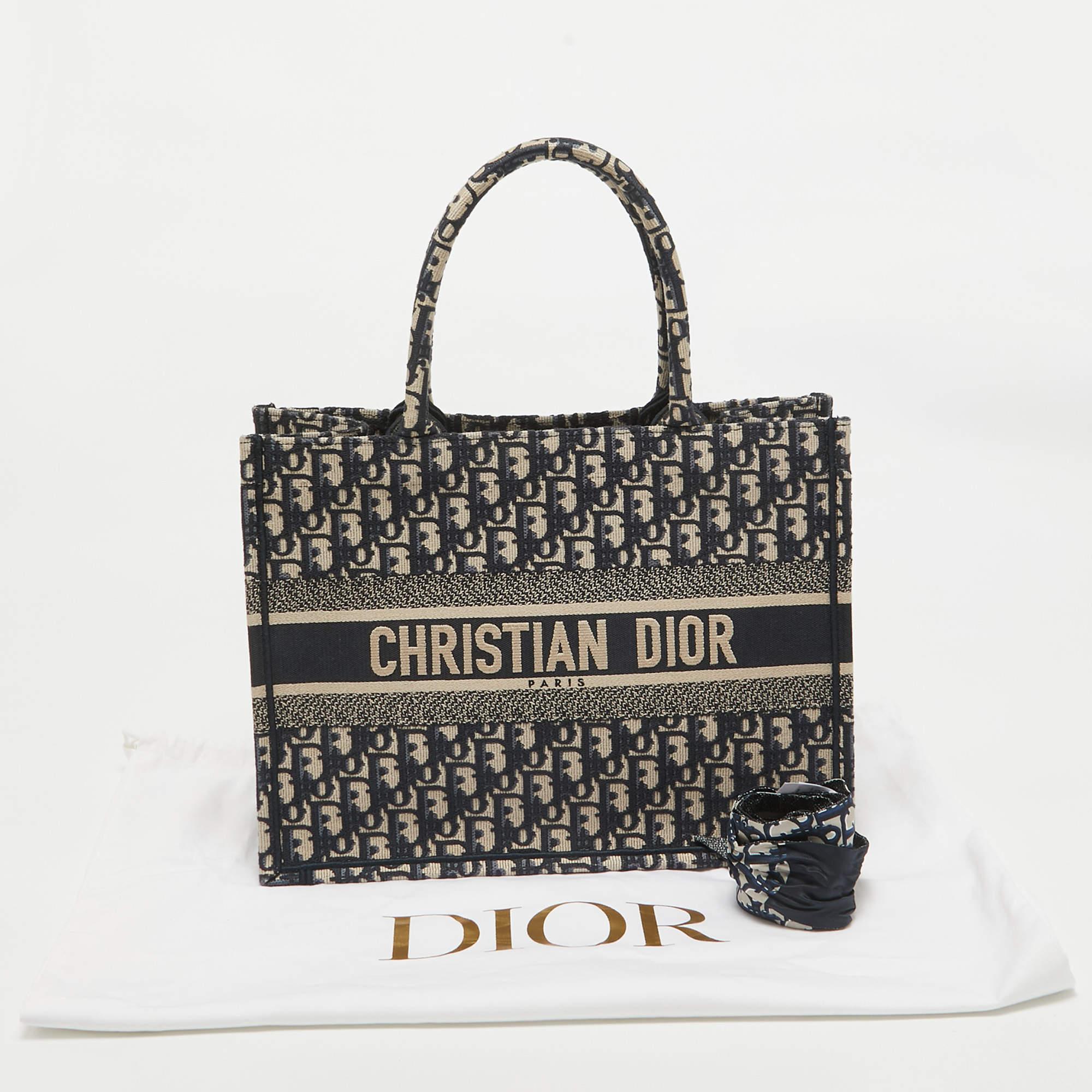 Dior Navy Blue Oblique Embroidered Canvas Medium Book Tote For Sale 4