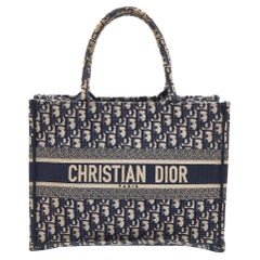 Dior Navy Blue Oblique Embroidered Canvas Medium Book Tote