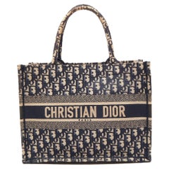 Used Dior Navy Blue Oblique Embroidered Canvas Medium Book Tote