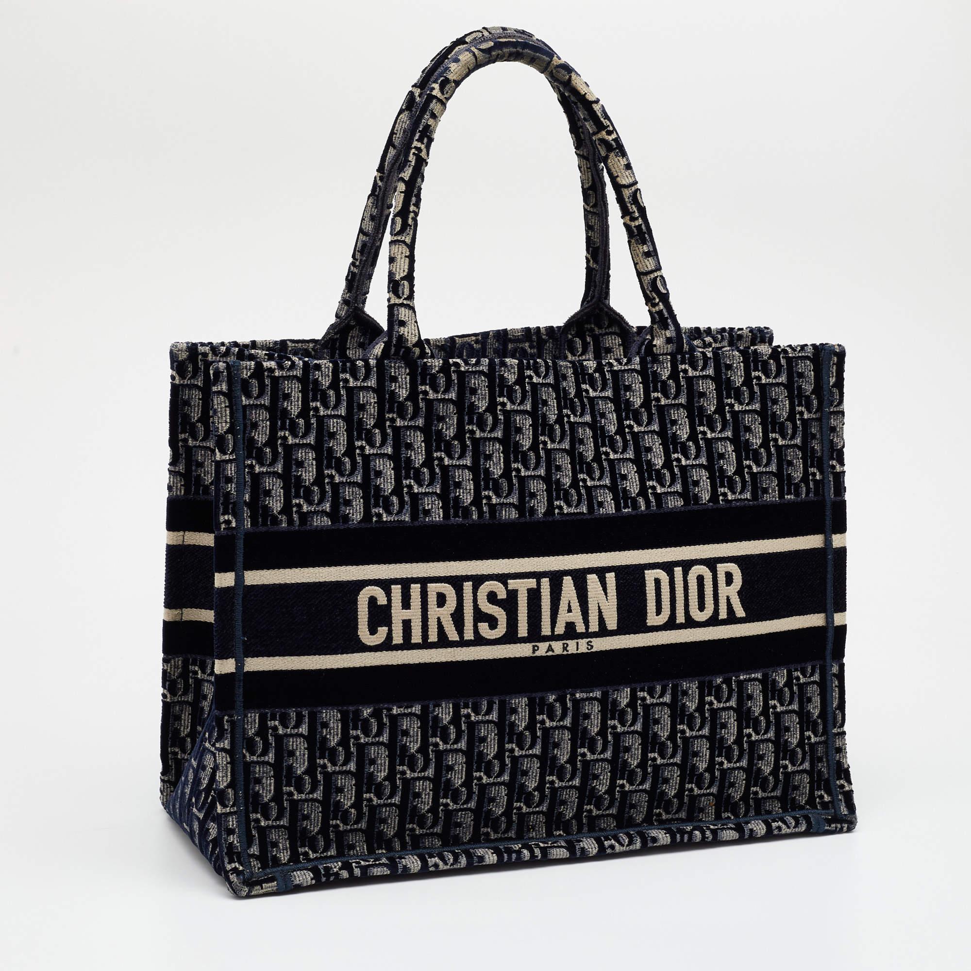 Dior Navy Blue Oblique Embroidered Velvet Medium Book Tote 1