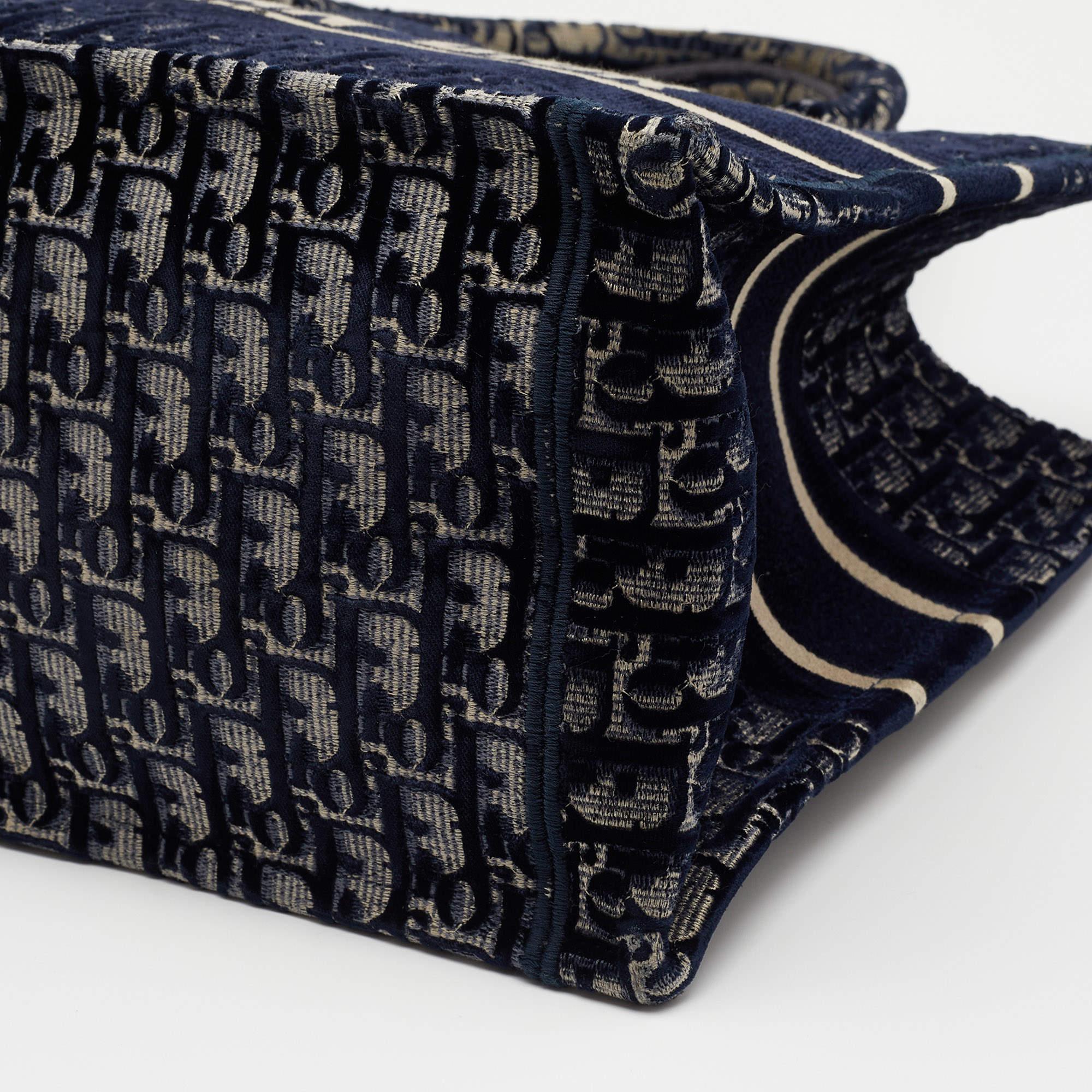 Dior Navy Blue Oblique Embroidered Velvet Medium Book Tote 5