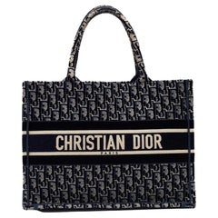 Dior Navy Blue Oblique Embroidered Velvet Medium Book Tote