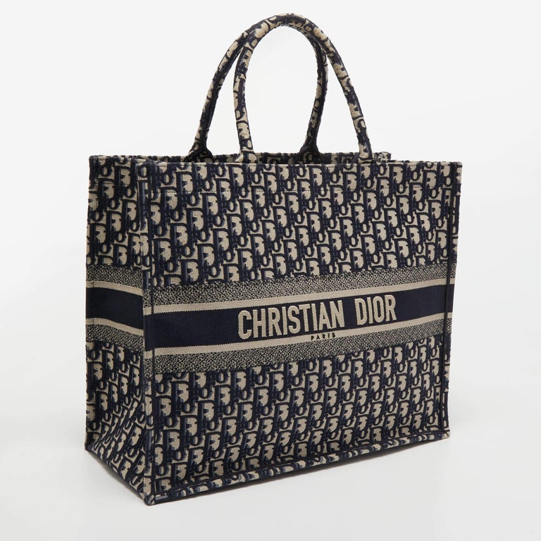 Dior Navy Blue Oblique Embroidery Canvas Book Tote at 1stDibs