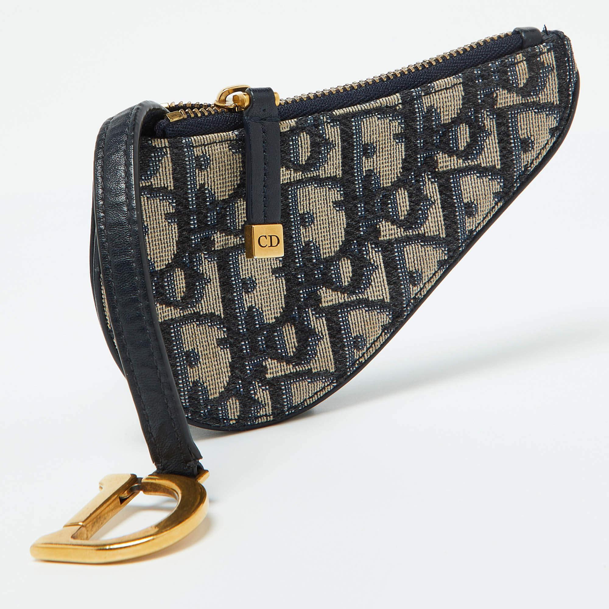 Black Dior Navy Blue Oblique Fabric Saddle Coin Purse