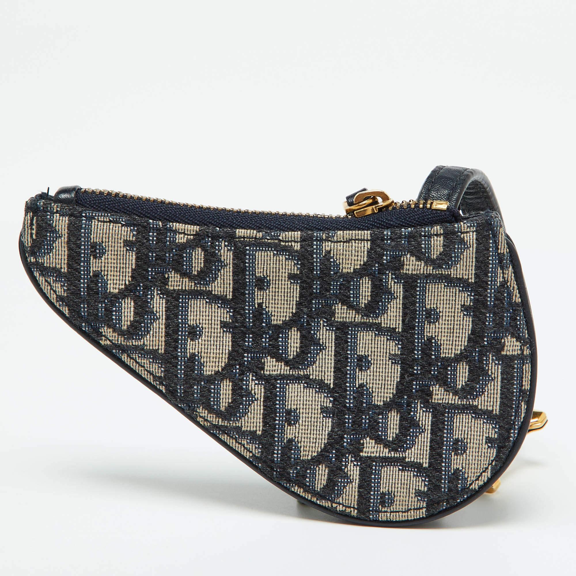 Dior Navy Blue Oblique Fabric Saddle Coin Purse In Good Condition In Dubai, Al Qouz 2