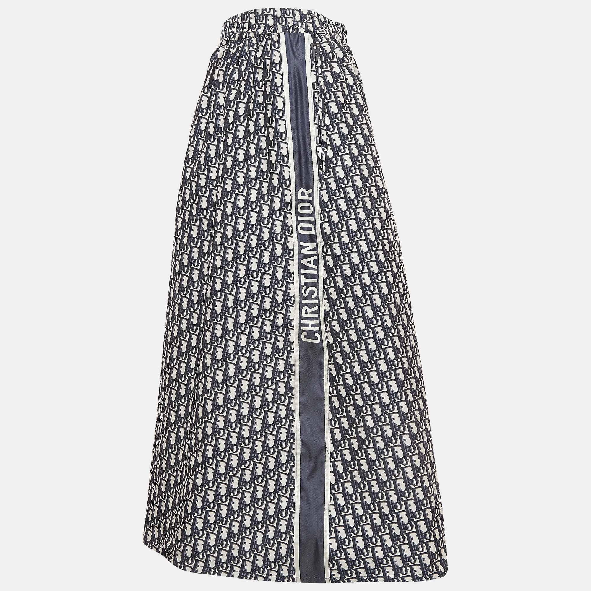 Dior Navy Blue Oblique Jacquard Midi Skirt S Pour femmes en vente