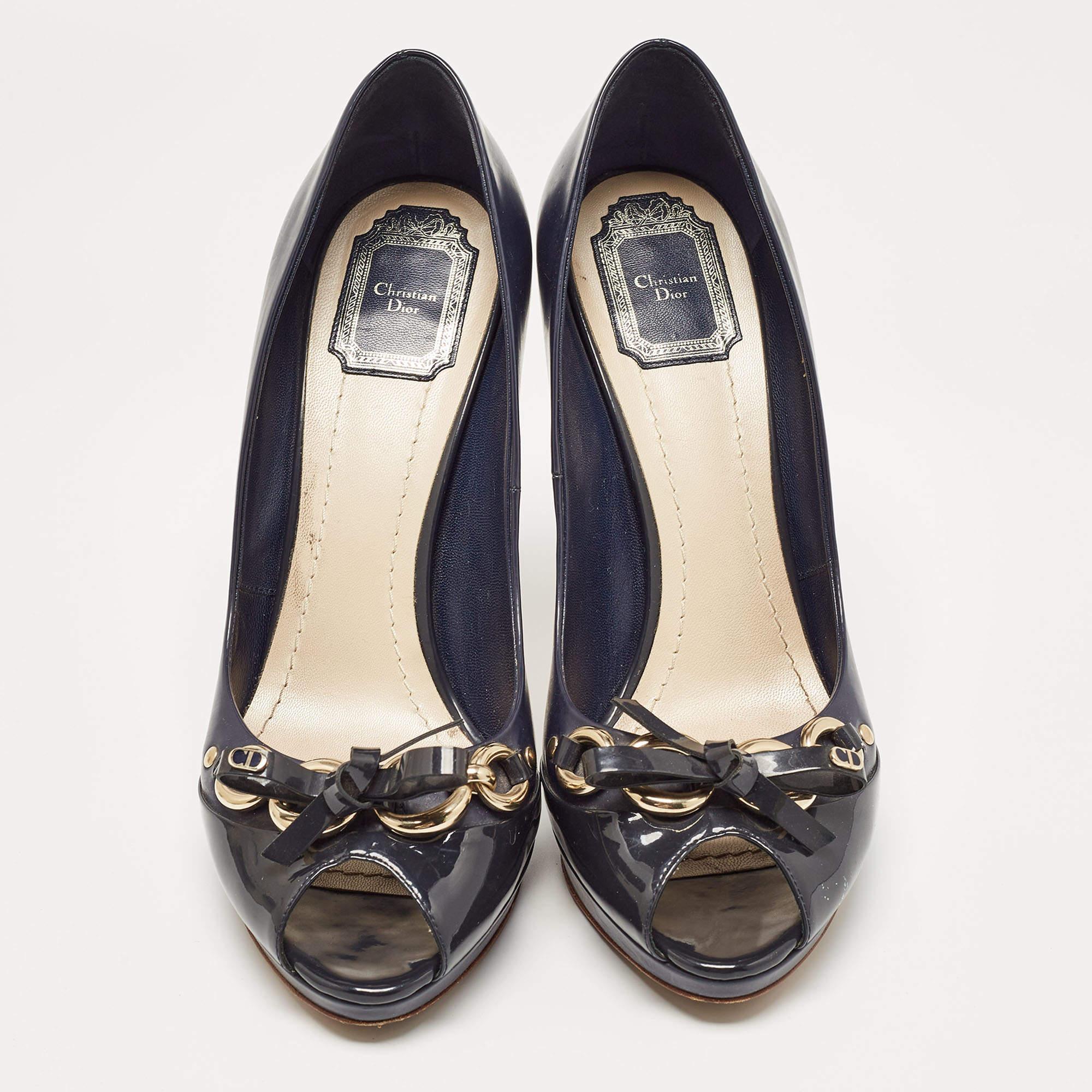 Black Dior Navy Blue Patent Leather Bow Chain Detail Peep Toe Pumps Size 41