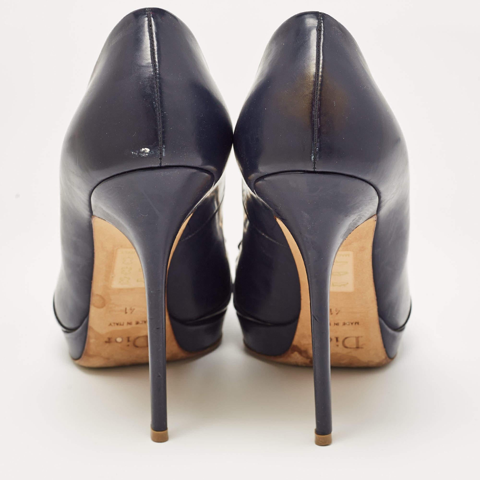 Women's Dior Navy Blue Patent Leather Bow Chain Detail Peep Toe Pumps Size 41
