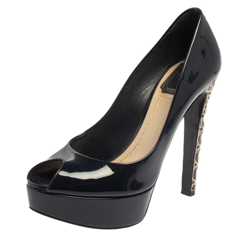 Dior Navy Blue Patent Leather Cannage Heel Peep Toe Platform Pumps Size 37.5