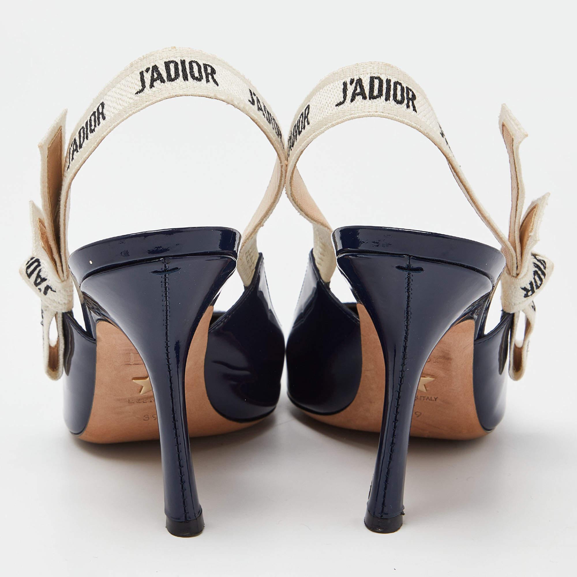 Women's Dior Navy Blue Patent Leather J'Adior Slingback Pumps Size 39