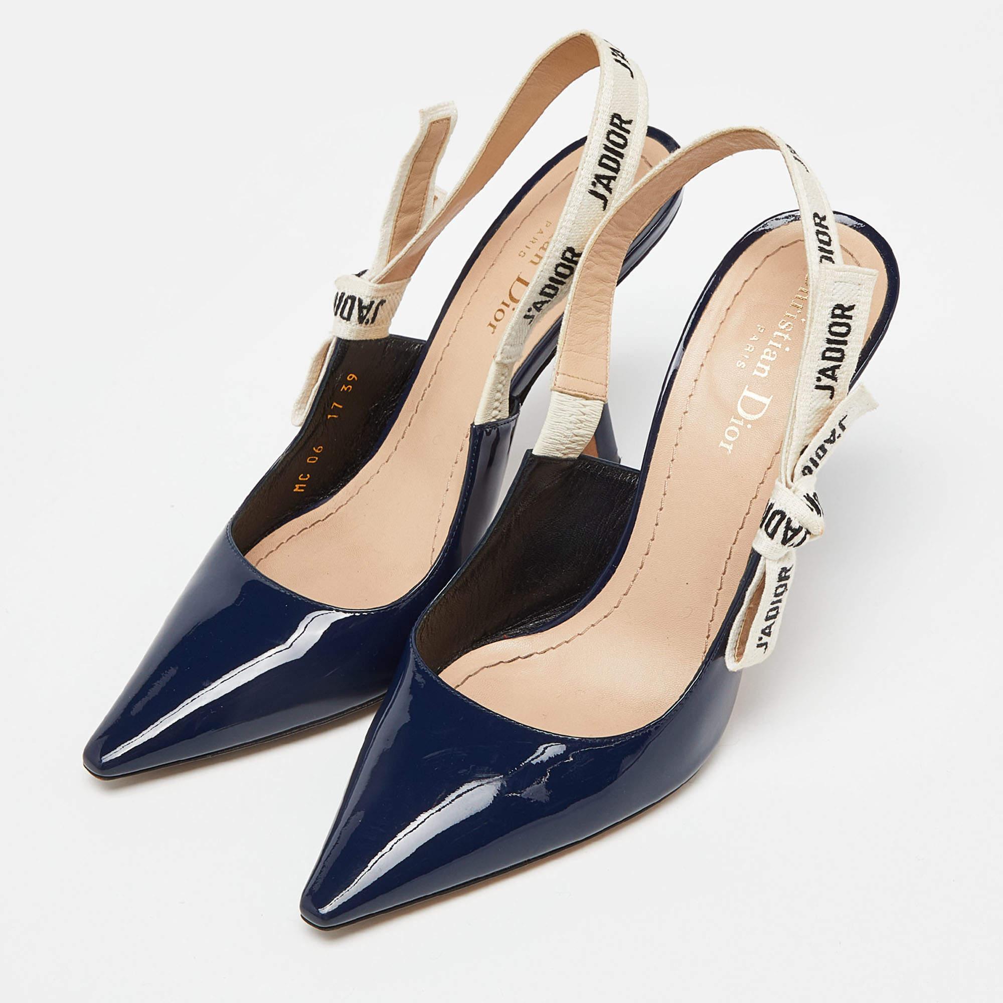 Dior Navy Blue Patent Leather J'Adior Slingback Pumps Size 39 3