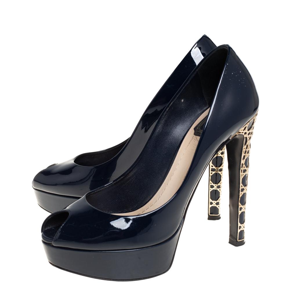 Black Dior Navy Blue Patent Leather Metal Cannage Heel Peep Toe Platform Pumps Size 38