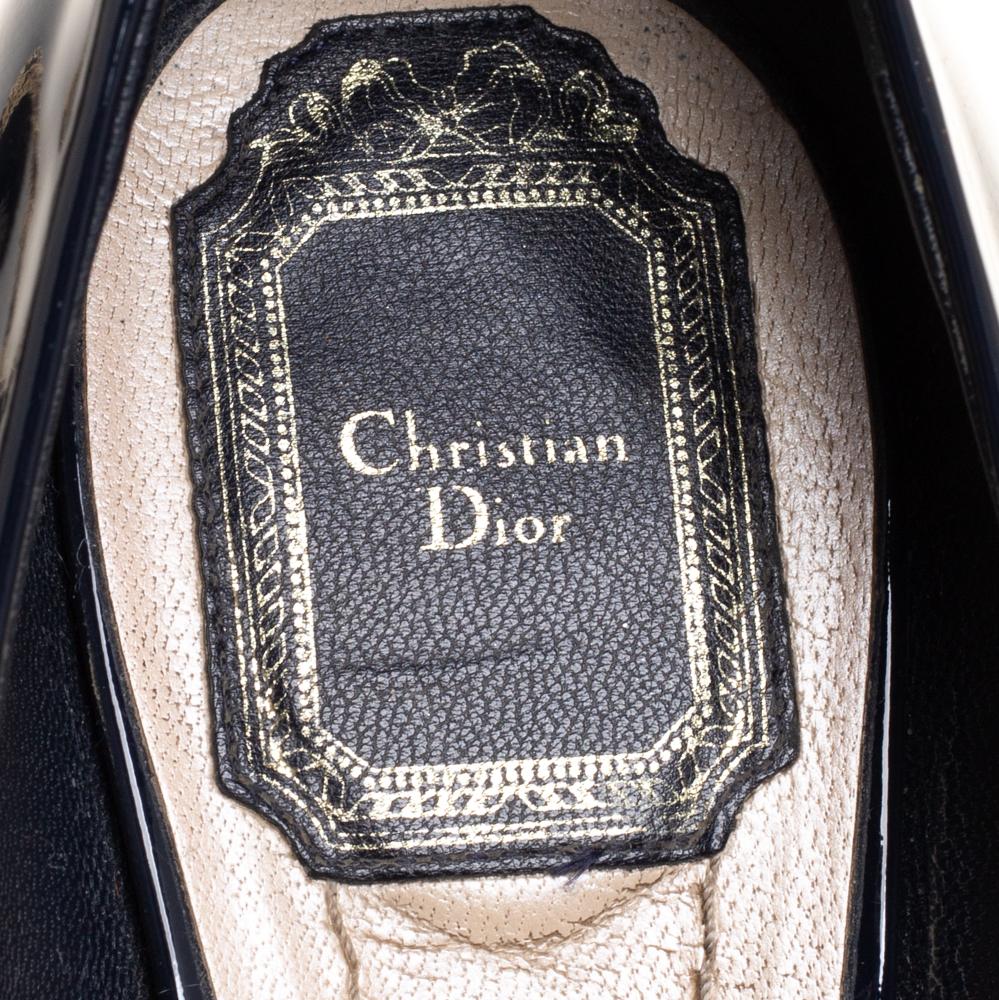 Women's Dior Navy Blue Patent Leather Metal Cannage Heel Peep Toe Platform Pumps Size 38