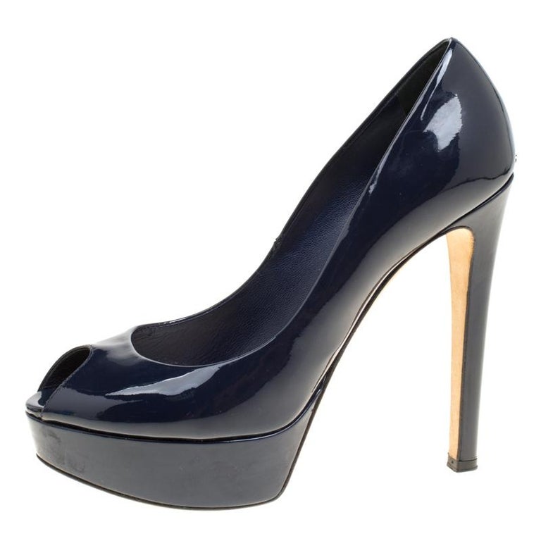 Dior Navy Blue Patent Leather Miss Dior Peep Toe Platform Pumps Size 38 ...