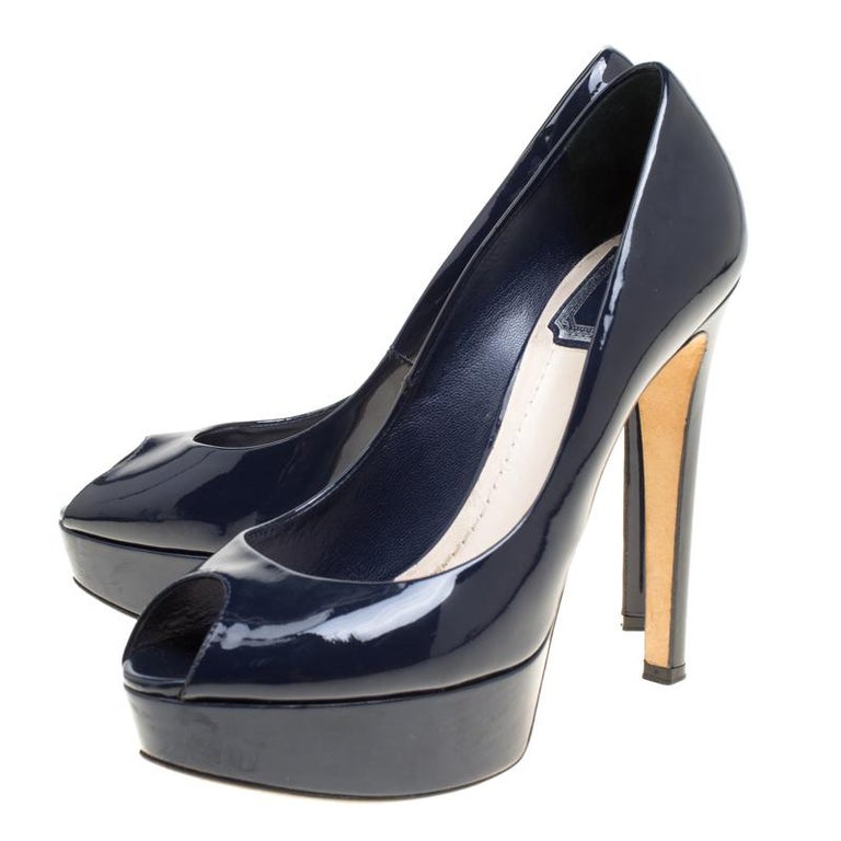 Dior Navy Blue Patent Leather Miss Dior Peep Toe Platform Pumps Size 38 ...