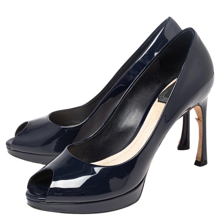 Black Dior Navy Blue Patent Leather Peep toe Pumps Size 36 For Sale