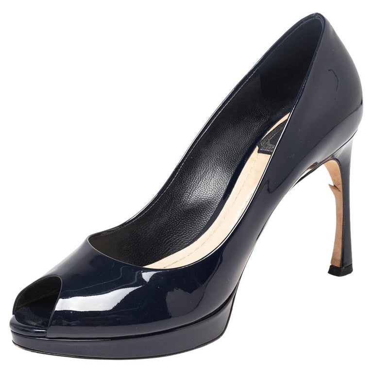 Dior Navy Blue Patent Leather Peep toe Pumps Size 36 For Sale