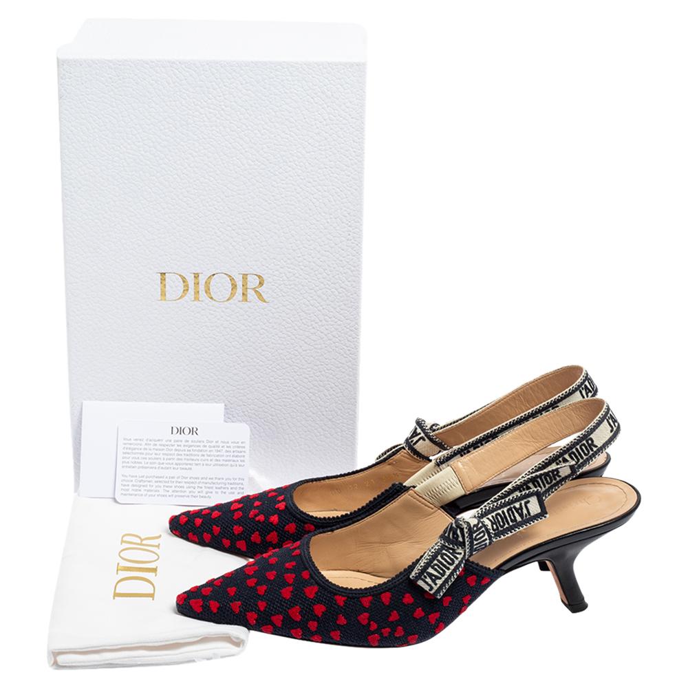 Women's Dior Navy Blue/Red Heart Embossed Canvas J'Adior Slingback Pumps Size 39.5