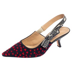 Dior Navy Blue/Red Heart Embossed Canvas J'Adior Slingback Pumps Size 39.5