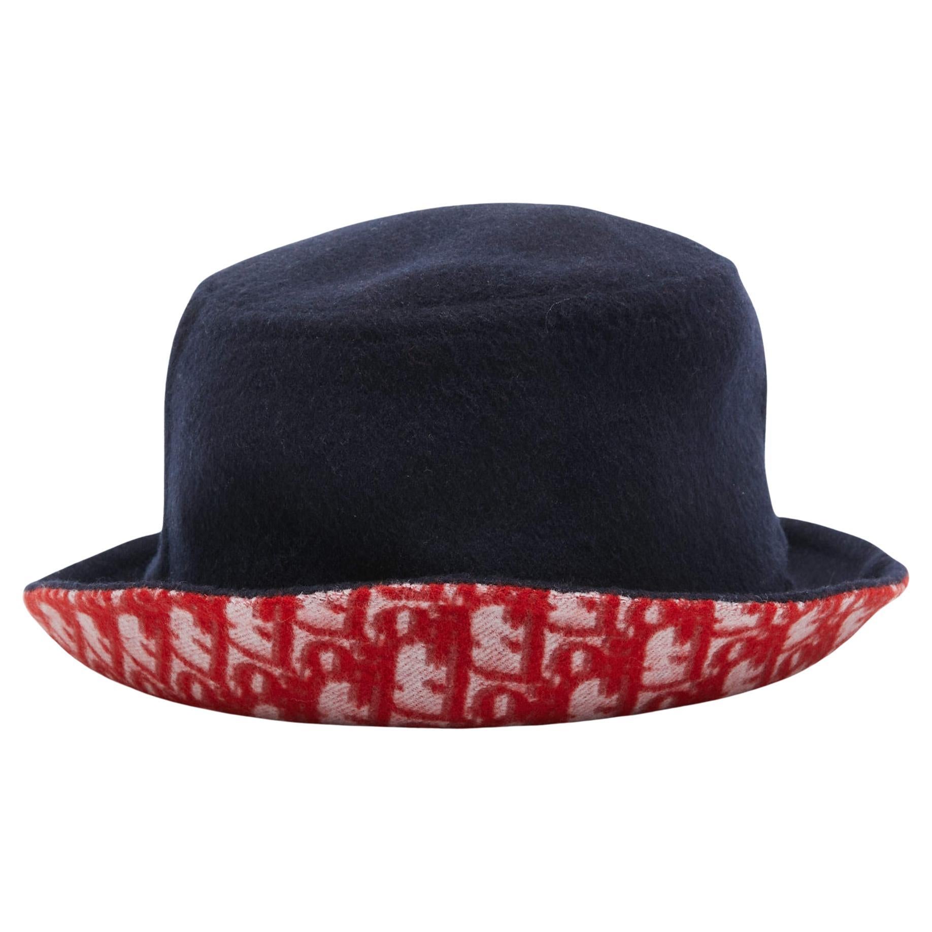 Dior Navy Blue/Red Oblique Wool Reversible Dior Chic Hat Size 57 For Sale