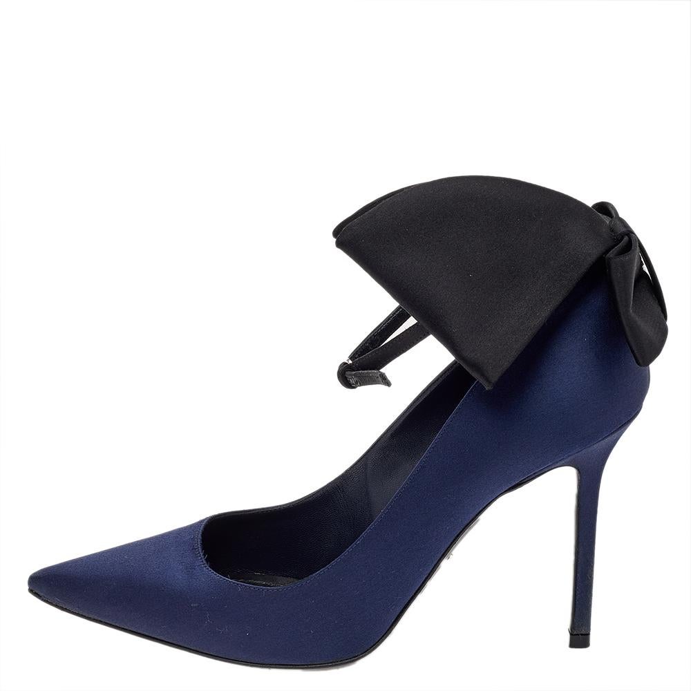 Black Dior Navy Blue Satin Bow Ankle Strap Pointed Toe Pumps Size 37.5