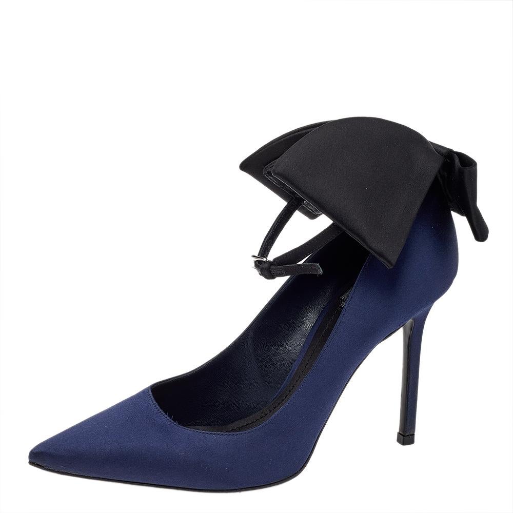 Dior Navy Blue Satin Bow Ankle Strap Pointed Toe Pumps Size 37.5