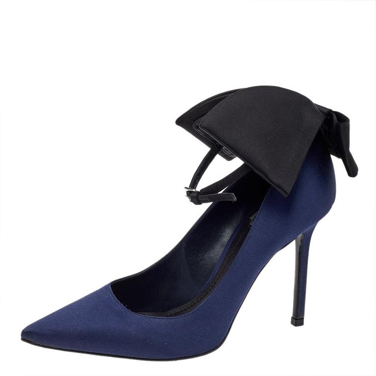 repeat Secrete West Dior Navy Blue Satin Bow Ankle Strap Pointed Toe Pumps Size 37.5 at 1stDibs  | navy blue ankle strap heels