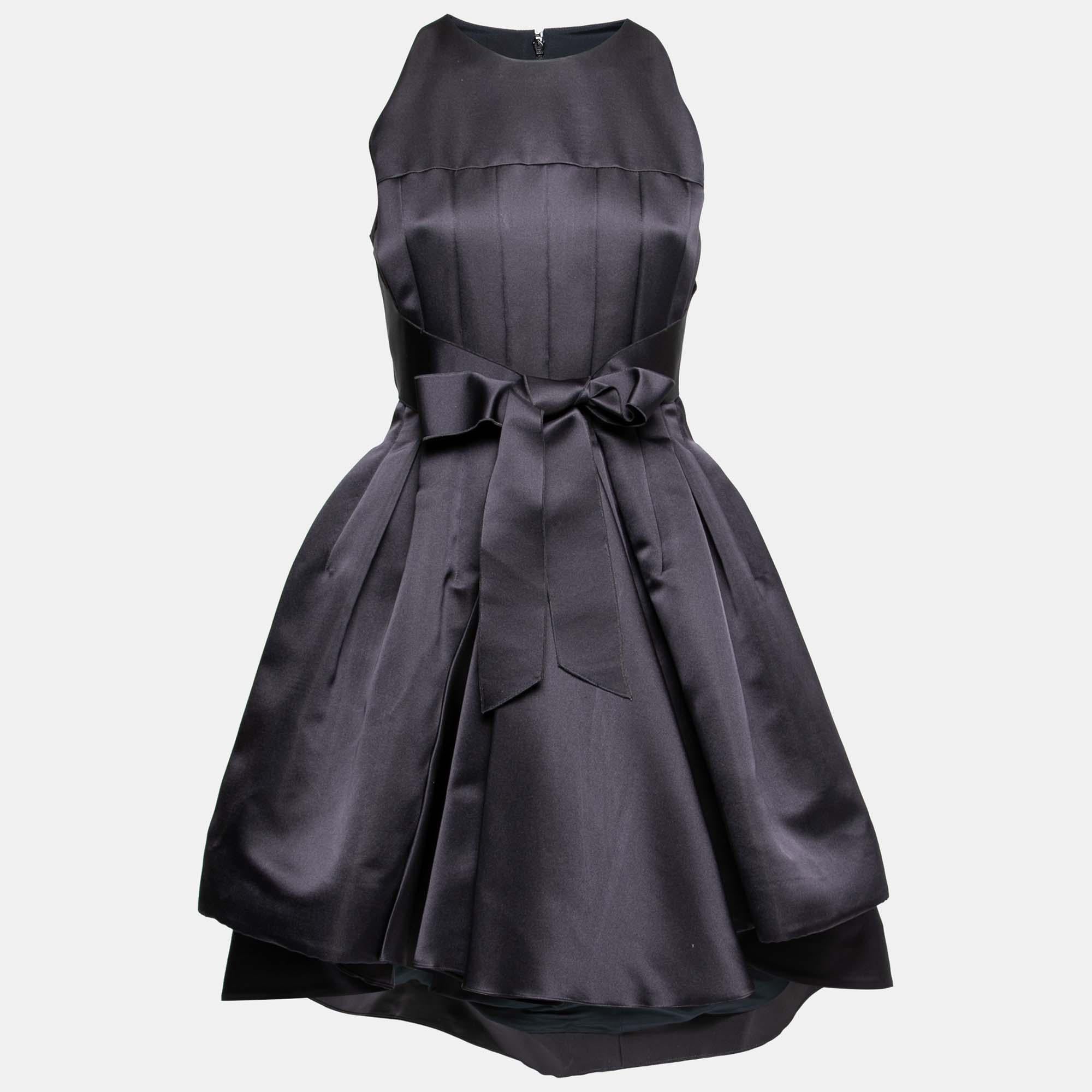 Black Dior Navy Blue Silk Bow Waist Pleated Crop Jacket Dress S