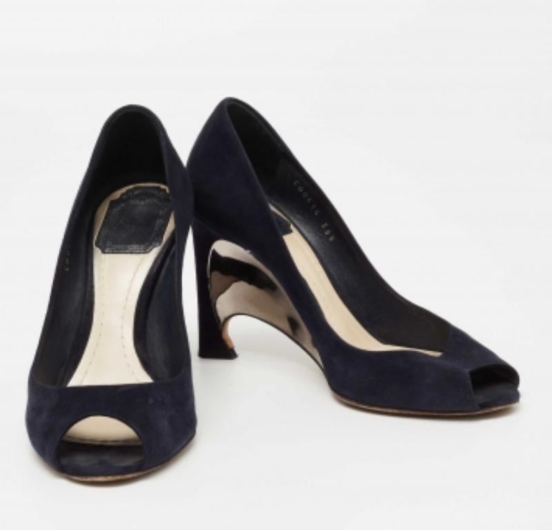 Black Dior Navy Blue Suede Peep Toe Optique Wedge Pumps Size 36.5
