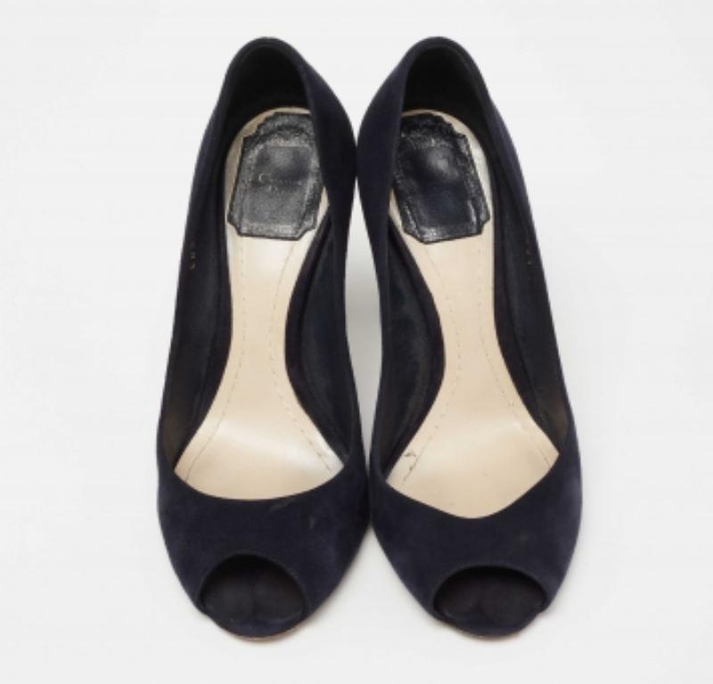 Dior Navy Blue Suede Peep Toe Optique Wedge Pumps Size 36.5 In Fair Condition In Dubai, Al Qouz 2