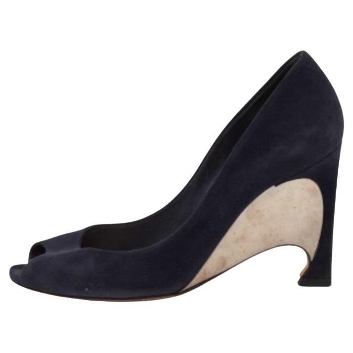 Dior Navy Blue Suede Peep Toe Optique Wedge Pumps Size 36.5