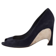 Dior Navy Blue Suede Peep Toe Optique Wedge Pumps Size 36.5