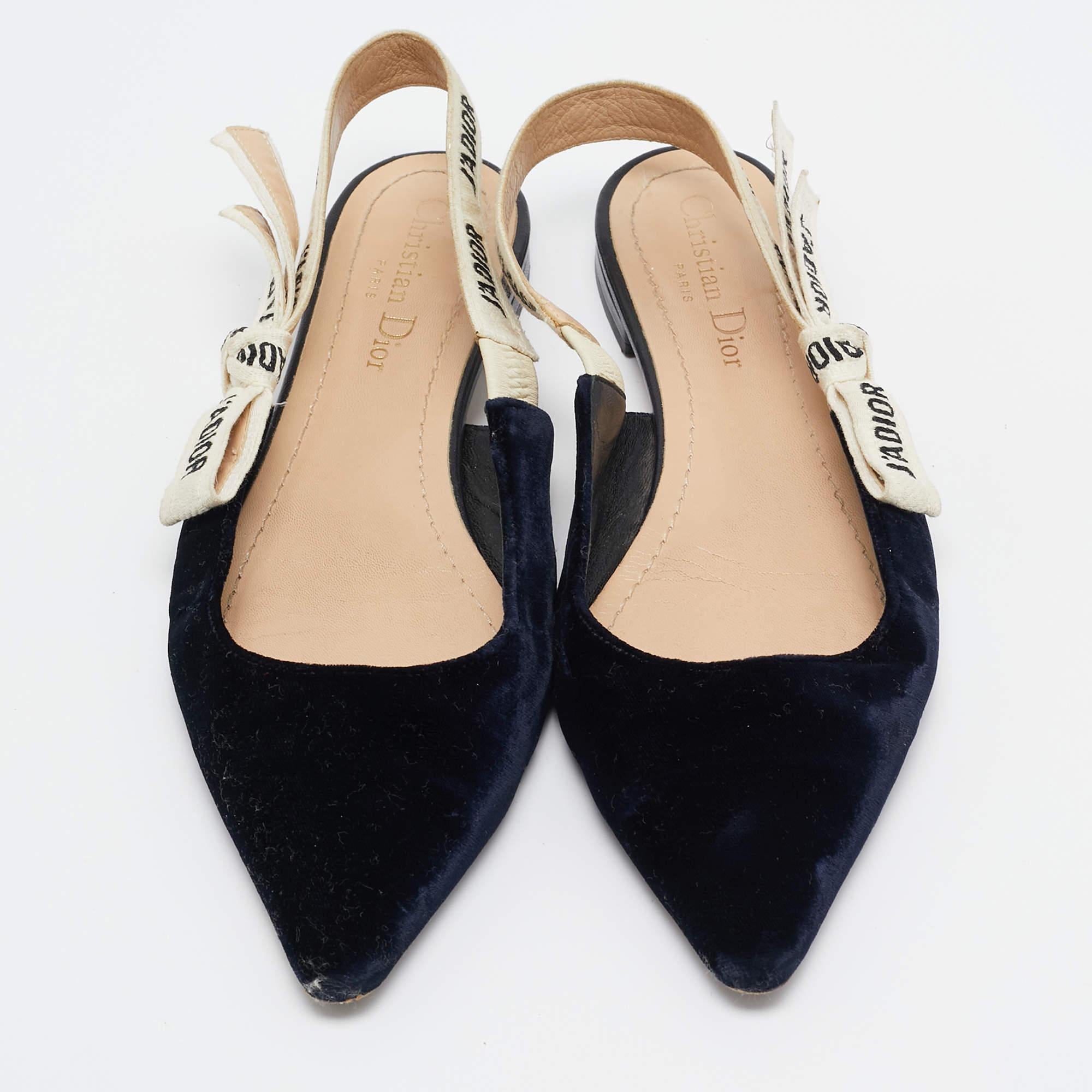 Black Dior Navy Blue Velvet J'adior Slingback Flats Size 37.5