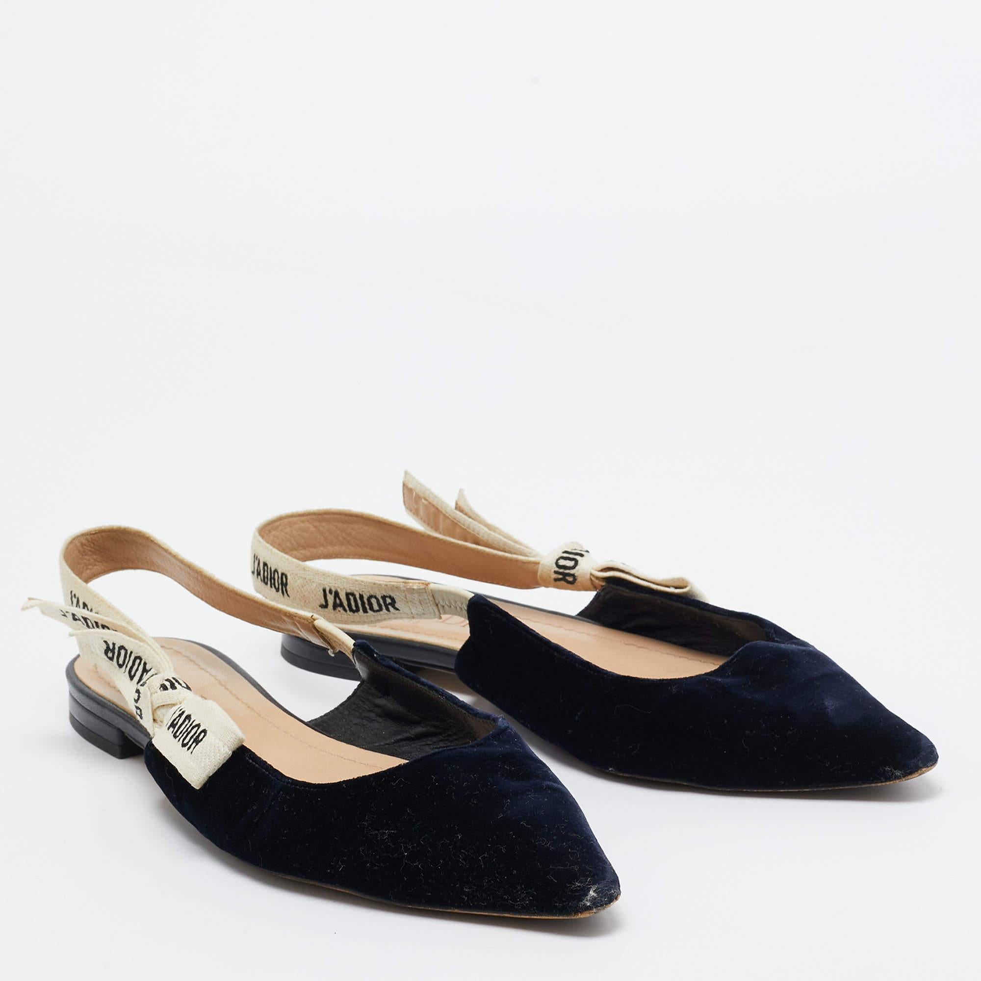 Dior Navy Blue Velvet J'adior Slingback Flats Size 37.5 In Fair Condition In Dubai, Al Qouz 2
