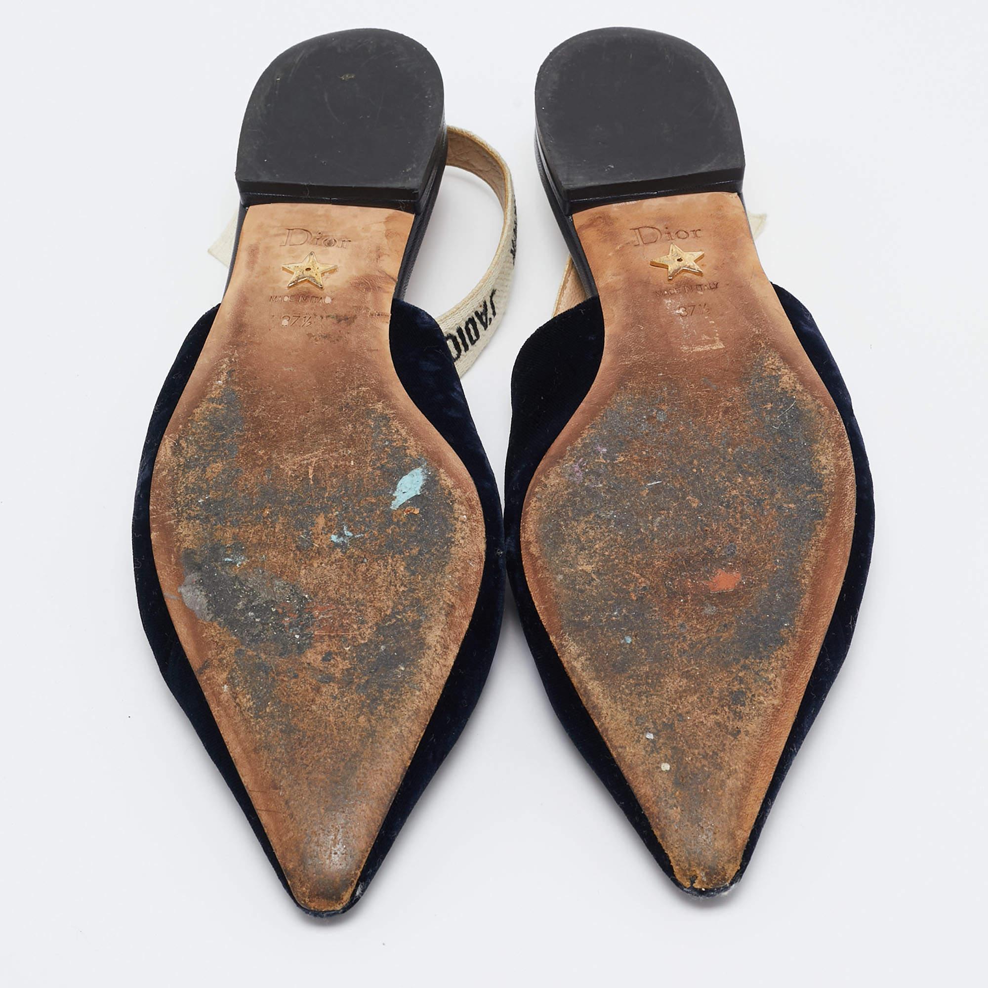 Dior Navy Blue Velvet J'adior Slingback Flats Size 37.5 1