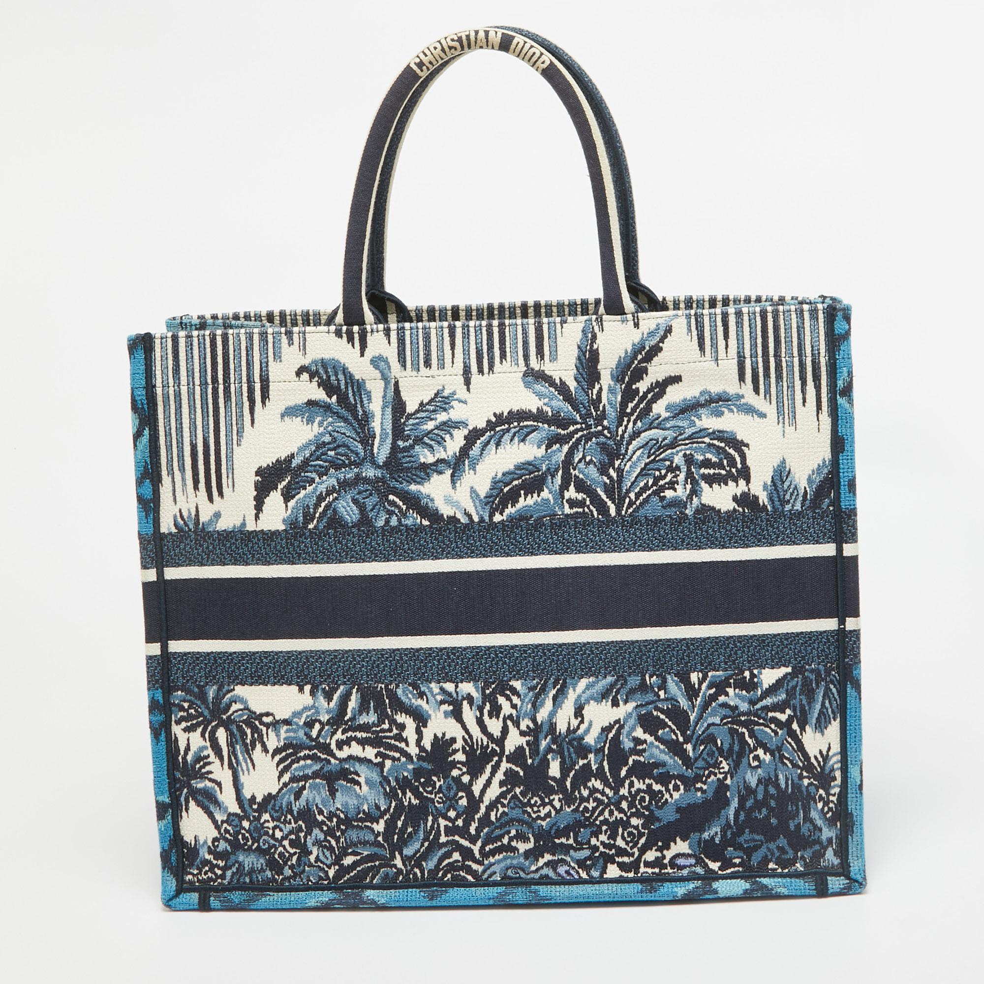 Women's Dior Navy Blue/White Embroidery Canvas Large Palm Tree Book Tote