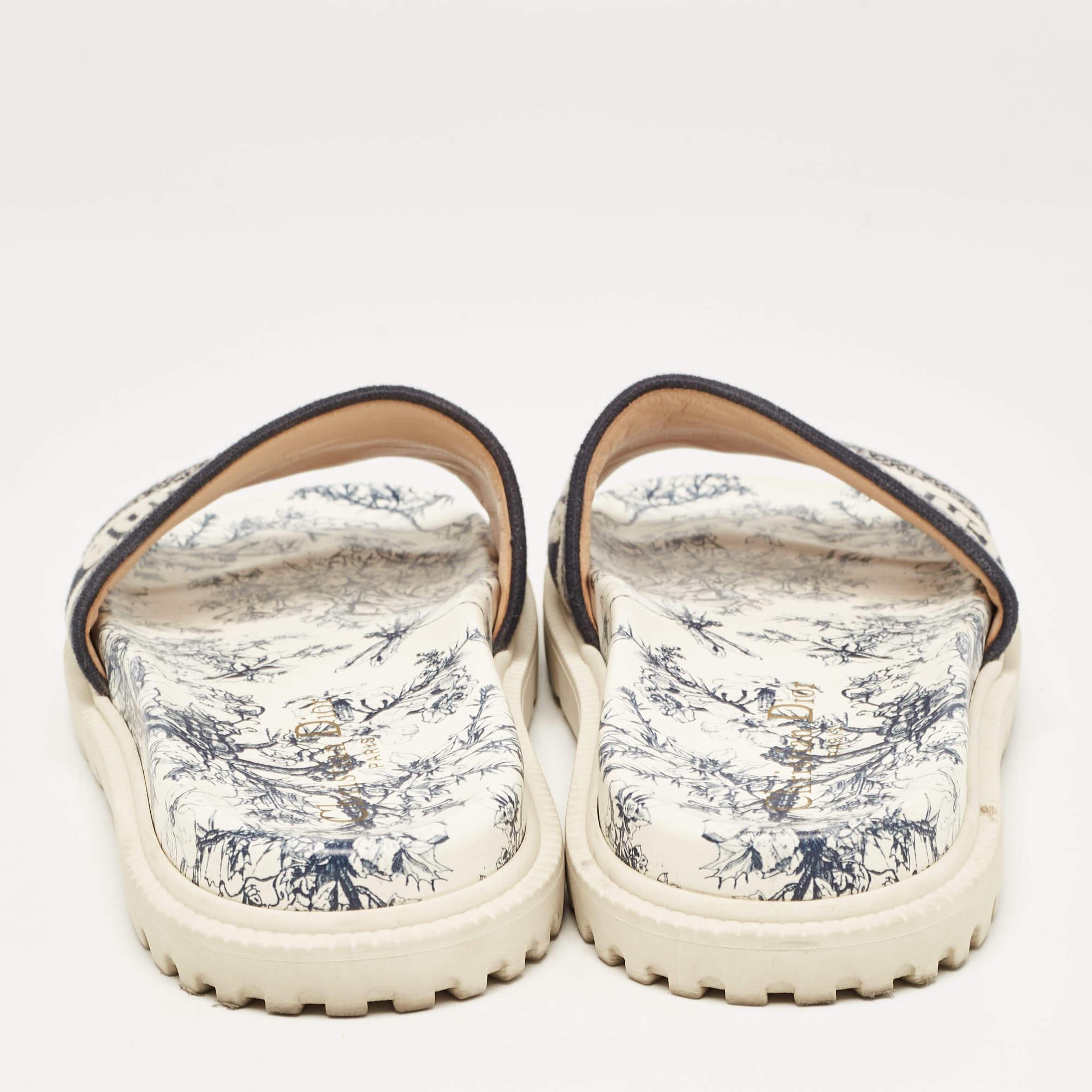 Dior Navy Blue/White Logo Embroidered Canvas Toile De Jouy Dway Slides Size 37.5 2