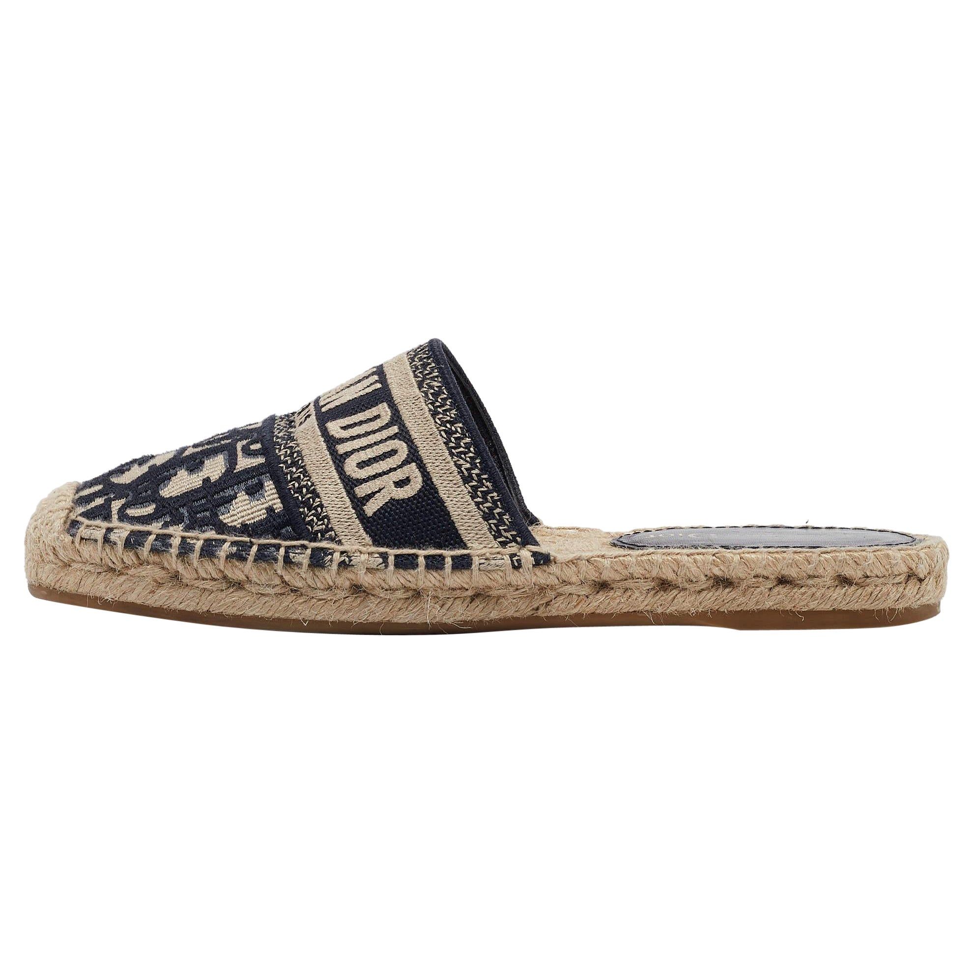 Dior Navy Blue/White Oblique Canvas Granville Espadrille Mules Size 35.5