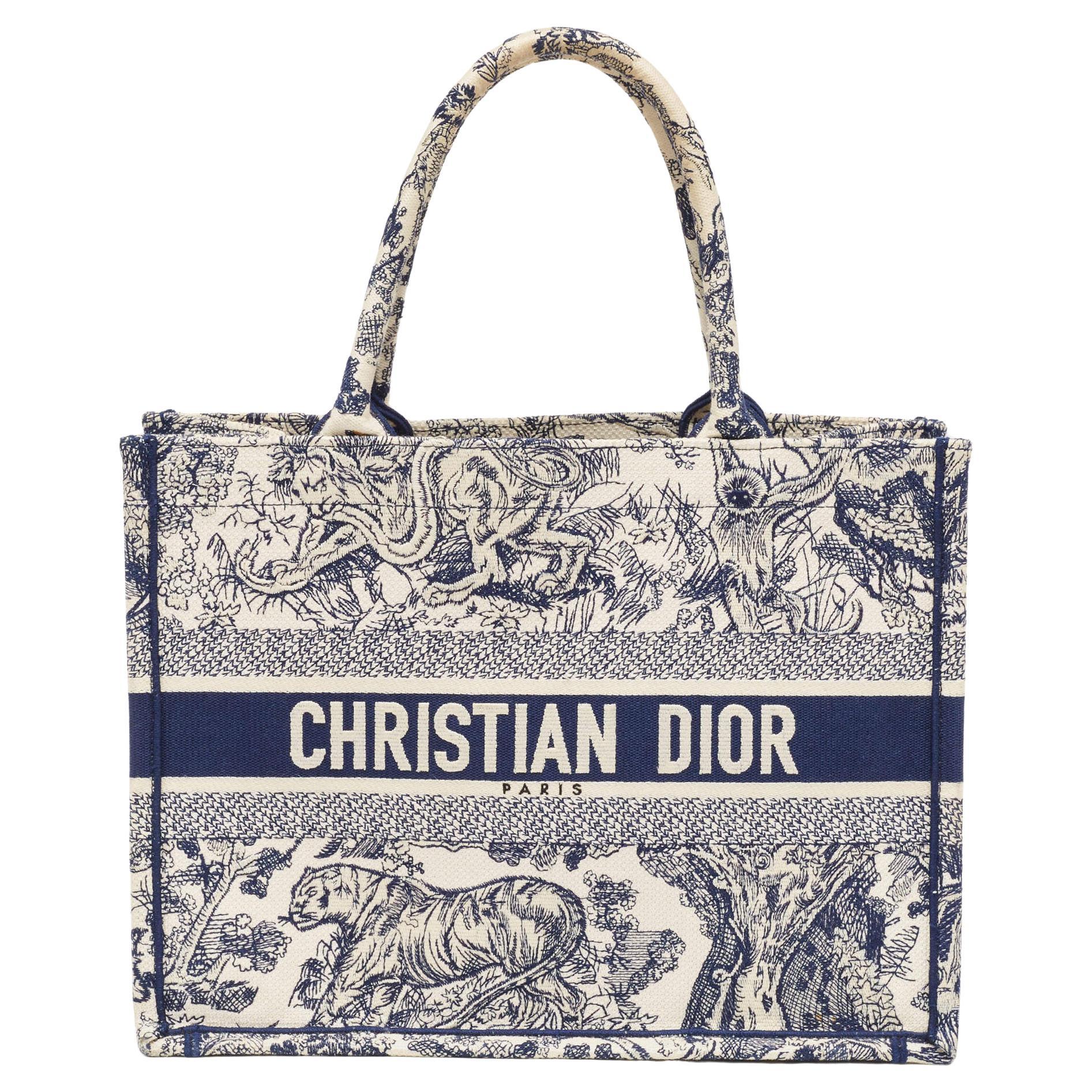 Dior Navy Blue/White Toile De Jouy Embroidery Canvas Medium Book Tote For Sale