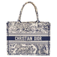 Used Dior Navy Blue/White Toile De Jouy Embroidery Canvas Medium Book Tote