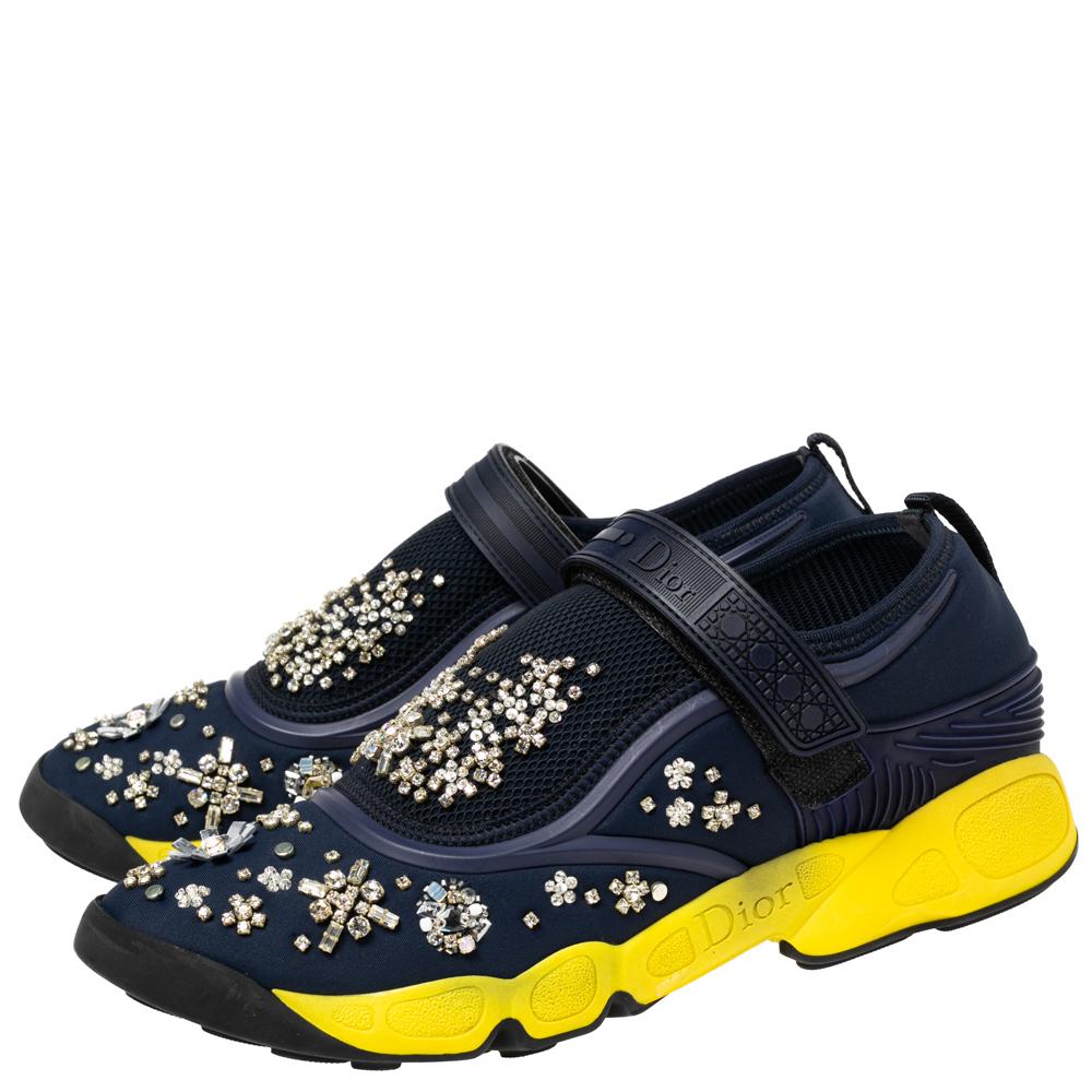 Black Dior Navy Blue/Yellow Rubber And Fabric Fusion Sneaker Size 39.5