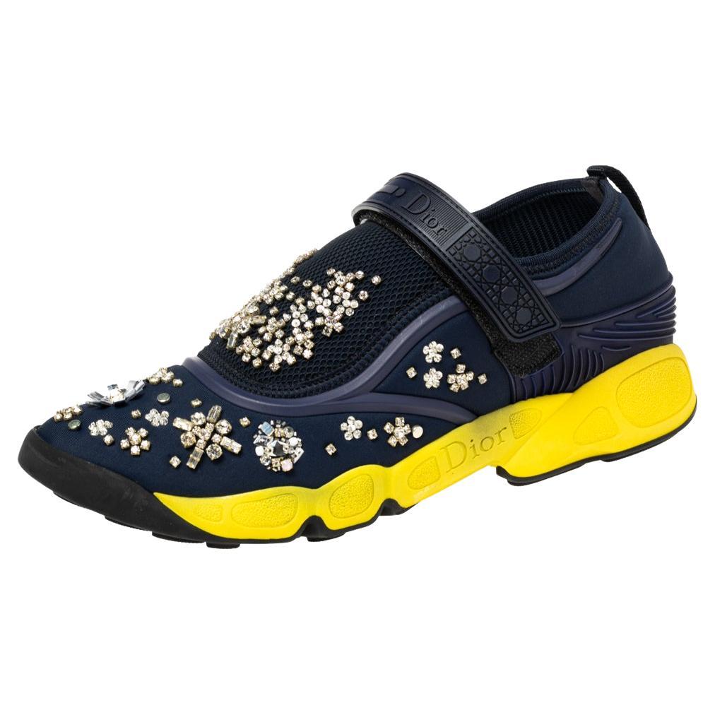 Dior Navy Blue/Yellow Rubber And Fabric Fusion Sneaker Size 39.5