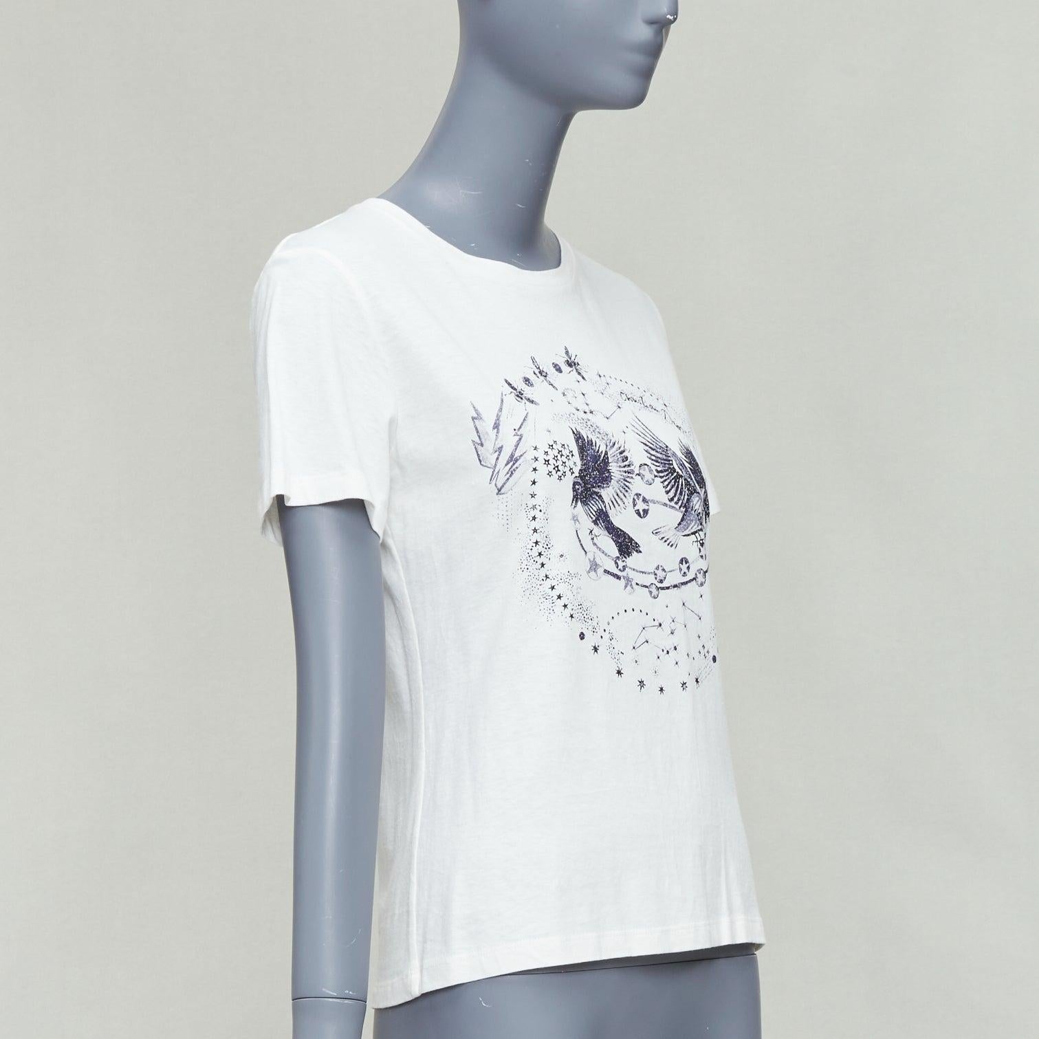 Gray DIOR navy double bird astrology print white cotton linen short sleeve tshirt XS For Sale