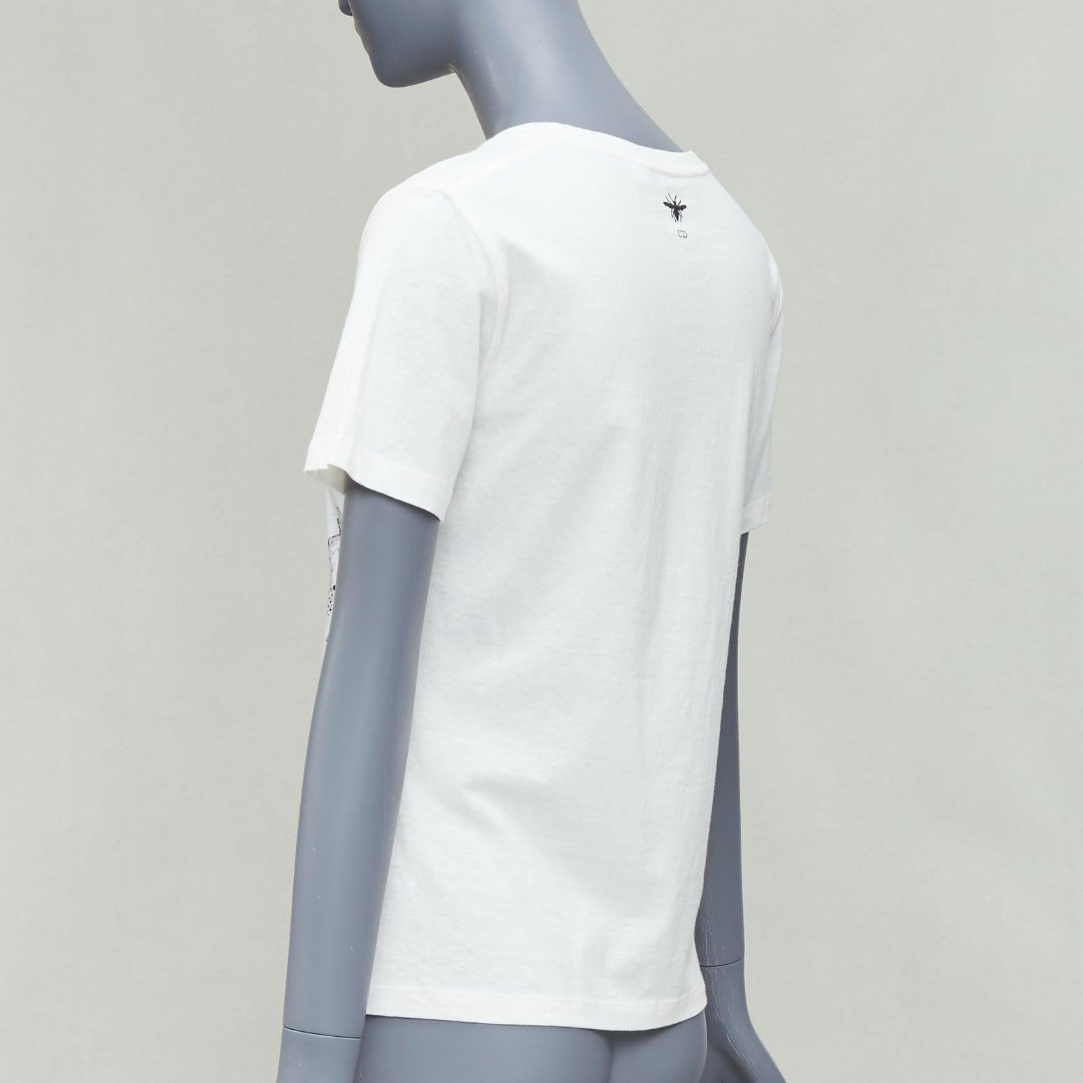 DIOR navy double bird astrology print white cotton linen short sleeve tshirt XS For Sale 1