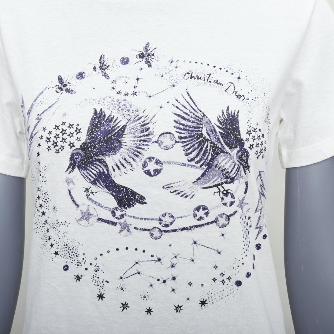 DIOR navy double bird astrology print white cotton linen short sleeve tshirt XS For Sale 2